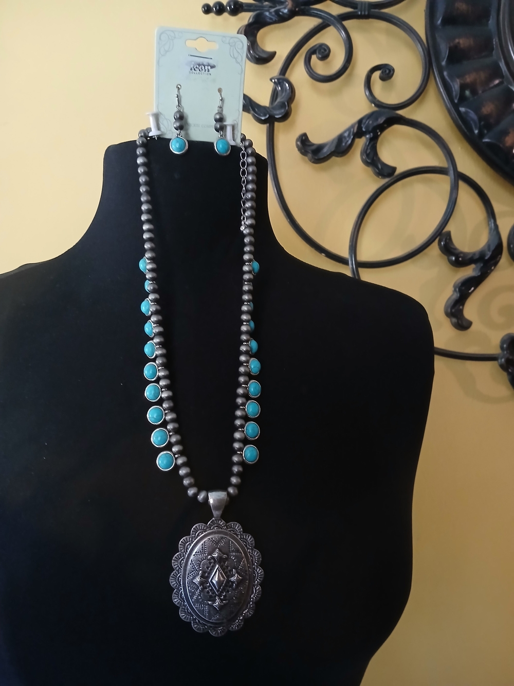 Women’s Turquoise Bead Necklace and Earrings Set - Silver Accent